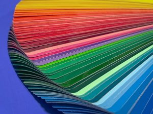 Close-up of vibrant color swatches arranged in a creative and artistic display.